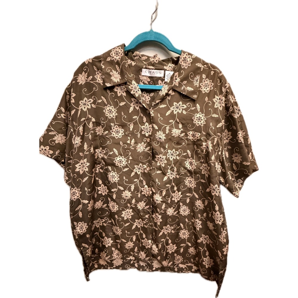 Chaus Sport 100% Silk Brown Floral Short Sleeve Button Down Shirt Women 14